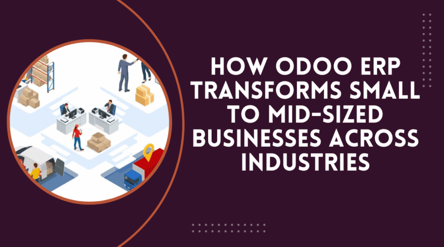 Odoo ERP dashboard illustration showing small business automation across industries like retail, healthcare, and manufacturing