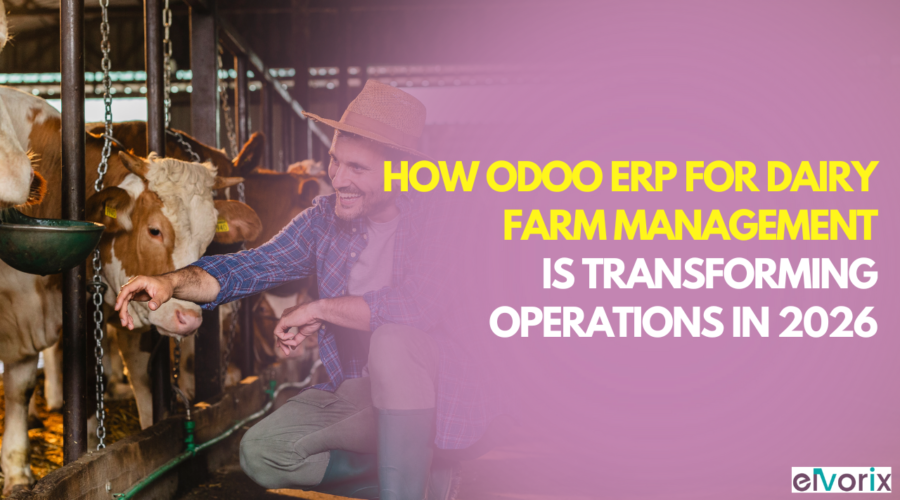 Odoo ERP for dairy farm management dashboard showing herd, milk production, and inventory data
