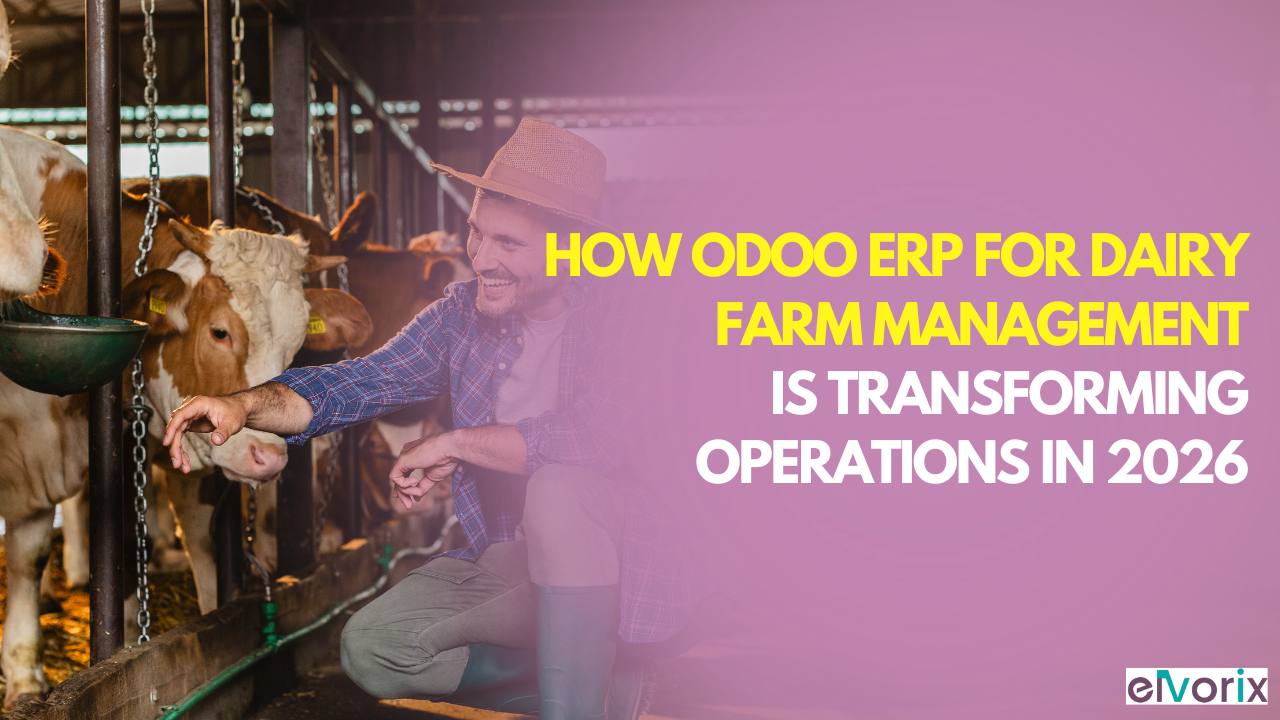 Odoo ERP for dairy farm management dashboard showing herd, milk production, and inventory data